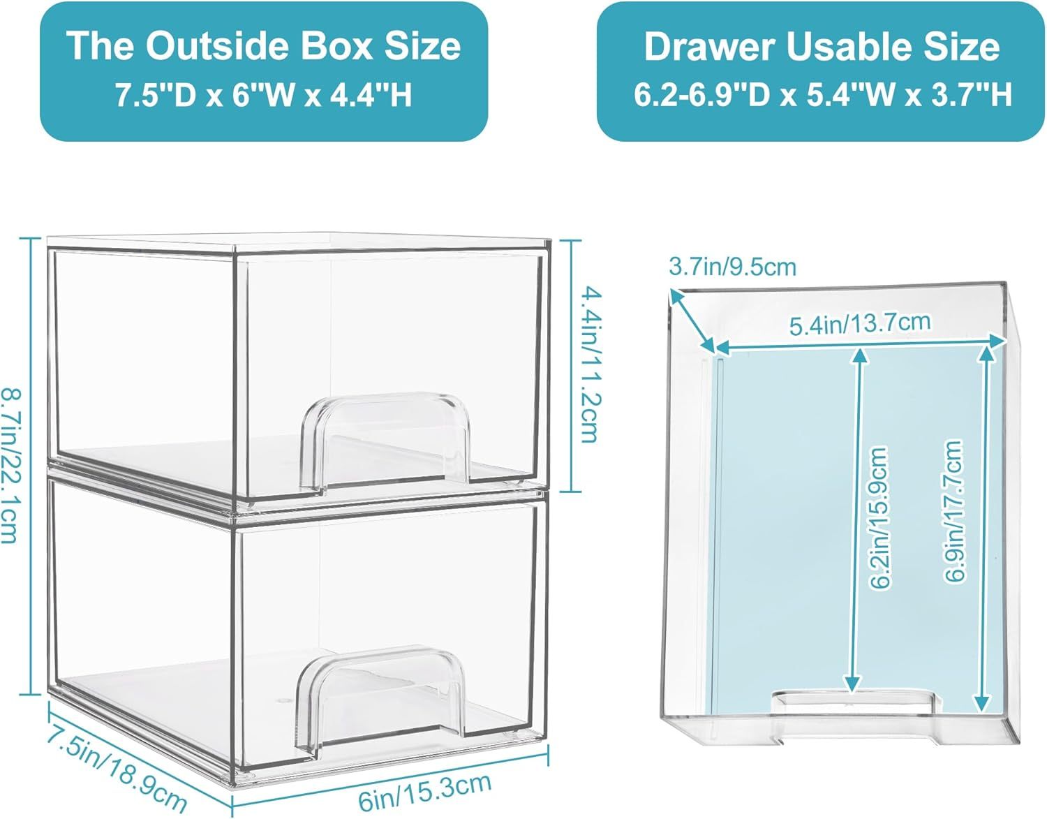 1 2 4 Pack Clear Stackable Storage Drawers, 11.2cm, 4.4in  Tall Acrylic Bathroom Makeup Organizer,Plastic Storage Bins For Vanity, Undersink, Kitchen Cabinets, Pantry, Home Organization