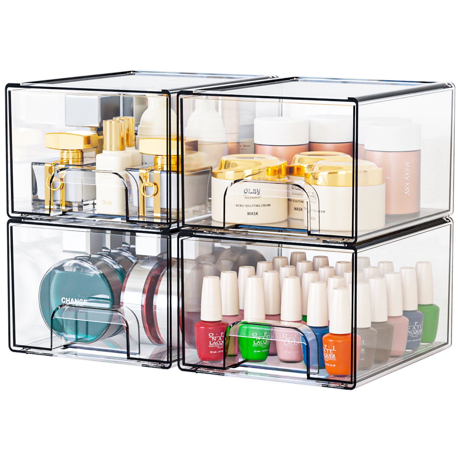 1 2 4 Pack Clear Stackable Storage Drawers, 11.2cm, 4.4in  Tall Acrylic Bathroom Makeup Organizer,Plastic Storage Bins For Vanity, Undersink, Kitchen Cabinets, Pantry, Home Organization